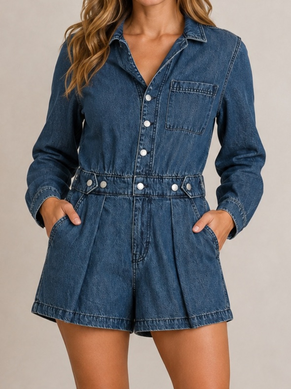 Universal Thread Denim Romper Button Front Utility Long Sleeve Blue Size 8 NWOT